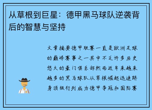 从草根到巨星：德甲黑马球队逆袭背后的智慧与坚持